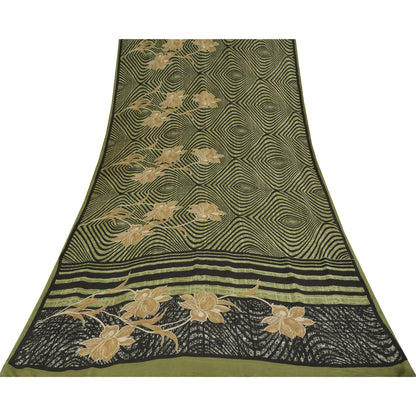 Sanskriti Vintage Sarier Grøn &amp; Sort Ren Crepe Trykt Sari 6yd Håndværksstof