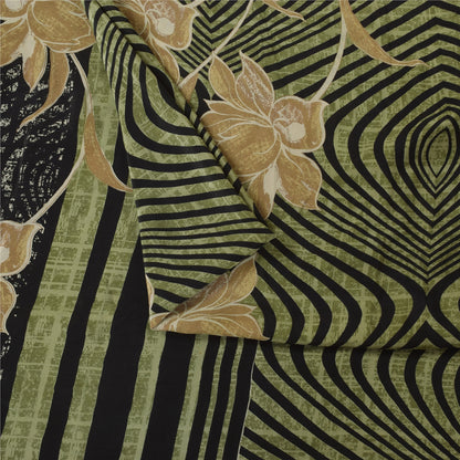 Sanskriti Vintage Sarier Grøn &amp; Sort Ren Crepe Trykt Sari 6yd Håndværksstof