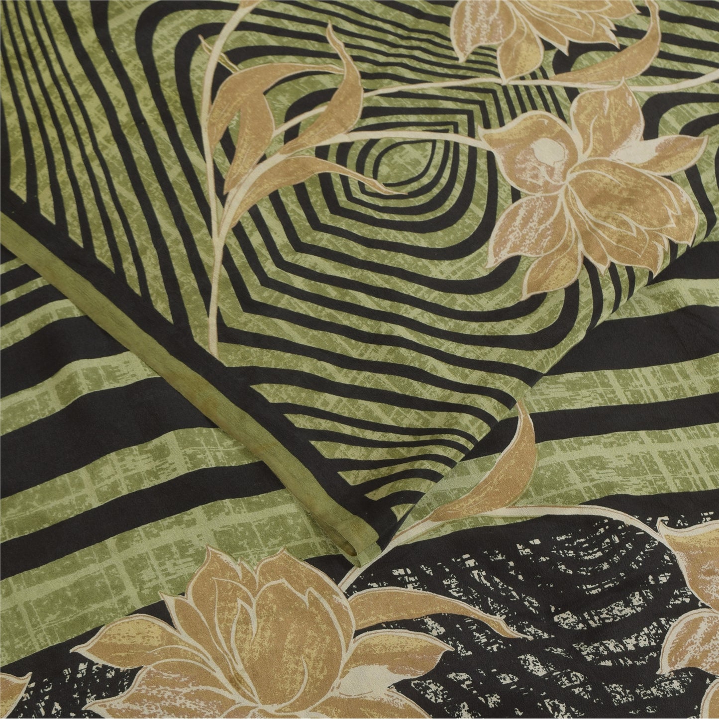 Sanskriti Vintage Sarier Grøn &amp; Sort Ren Crepe Trykt Sari 6yd Håndværksstof