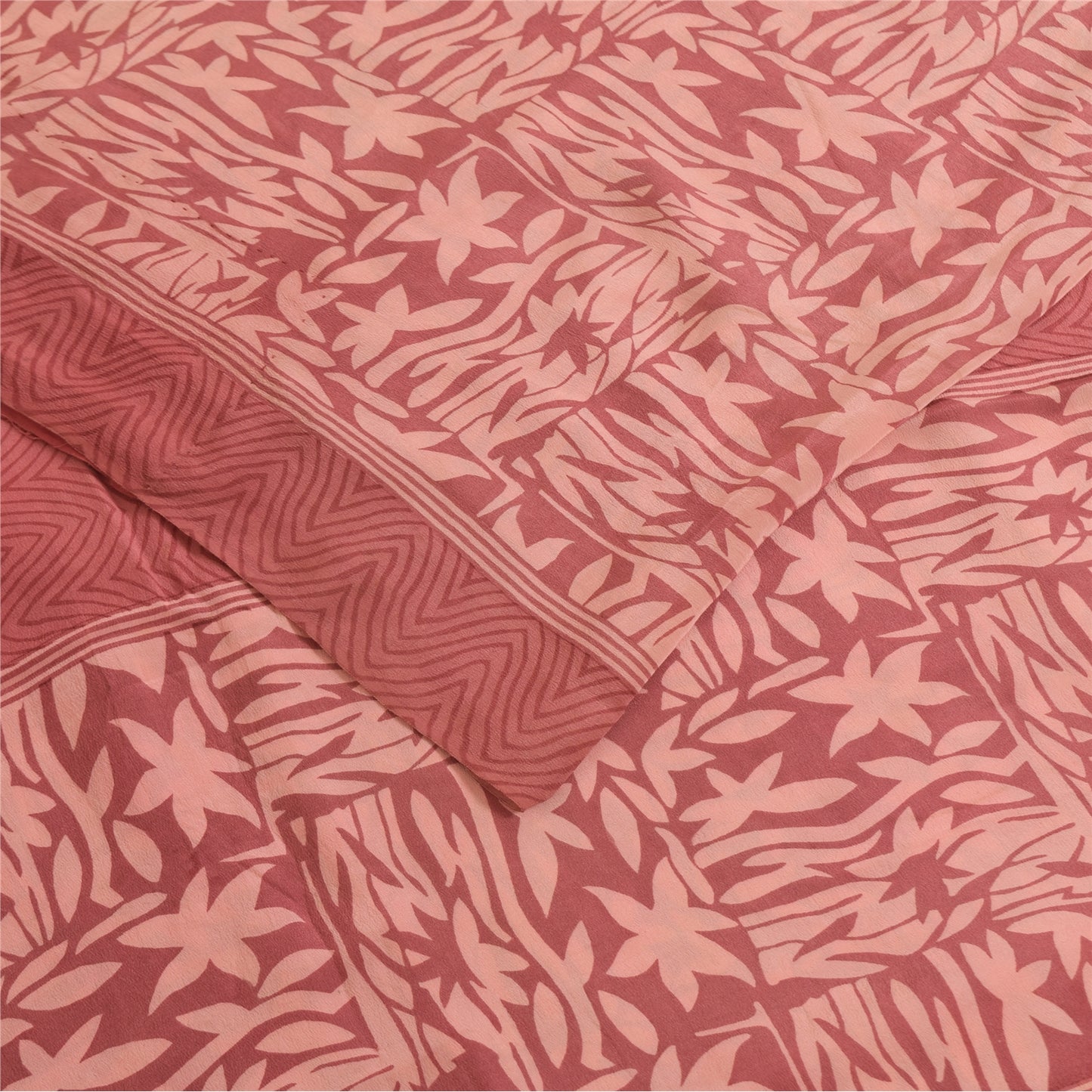 Sanskriti Vintage Sarees Pink Pure Crepe Silk Printed Sari 5+yd Craft Fabric