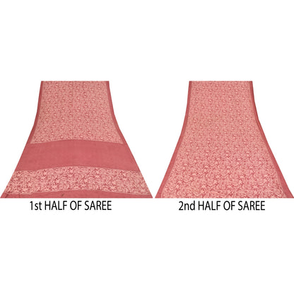 Sanskriti Vintage Sarees Pink Pure Crepe Silk Printed Sari 5+yd Craft Fabric