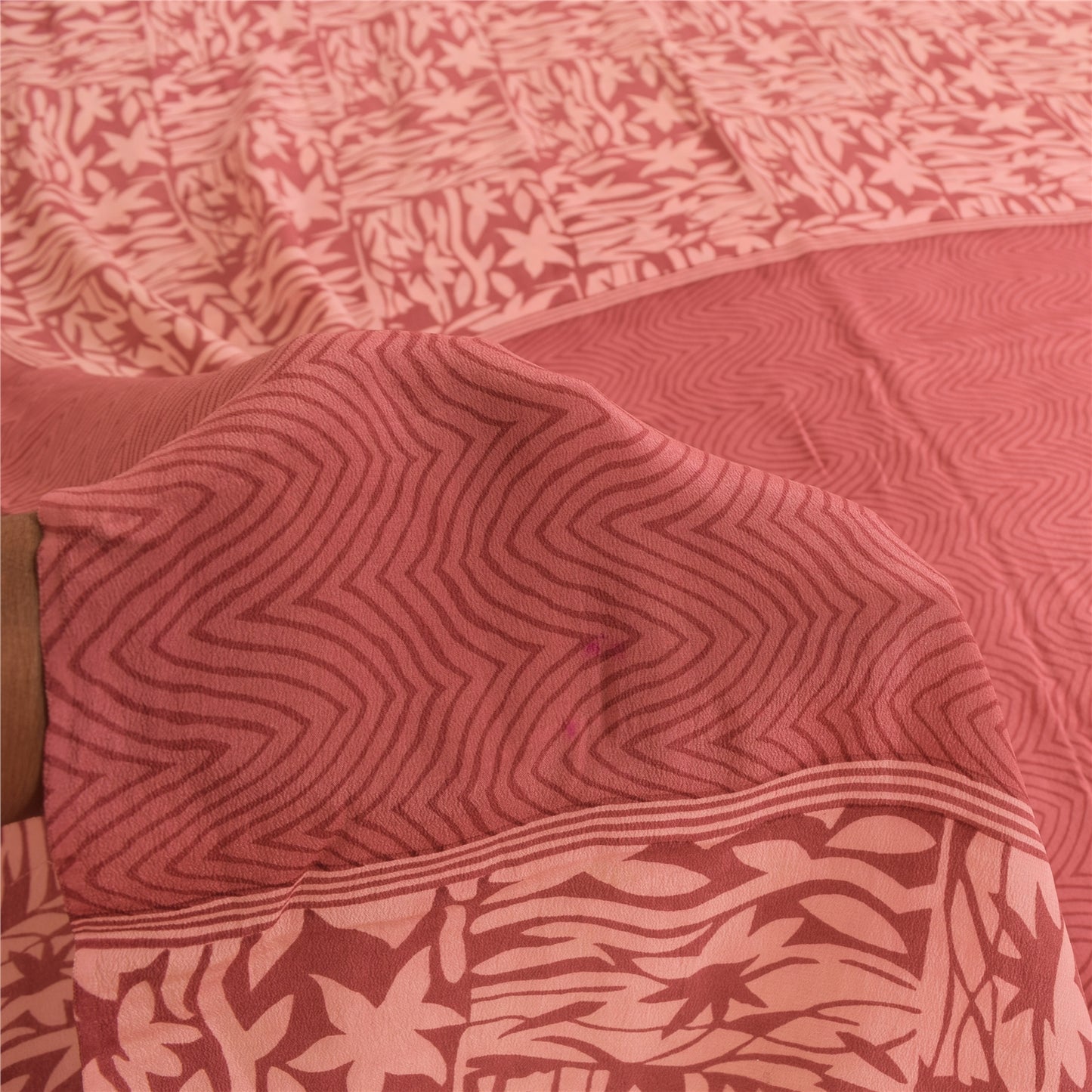 Sanskriti Vintage Sarees Pink Pure Crepe Silk Printed Sari 5+yd Craft Fabric