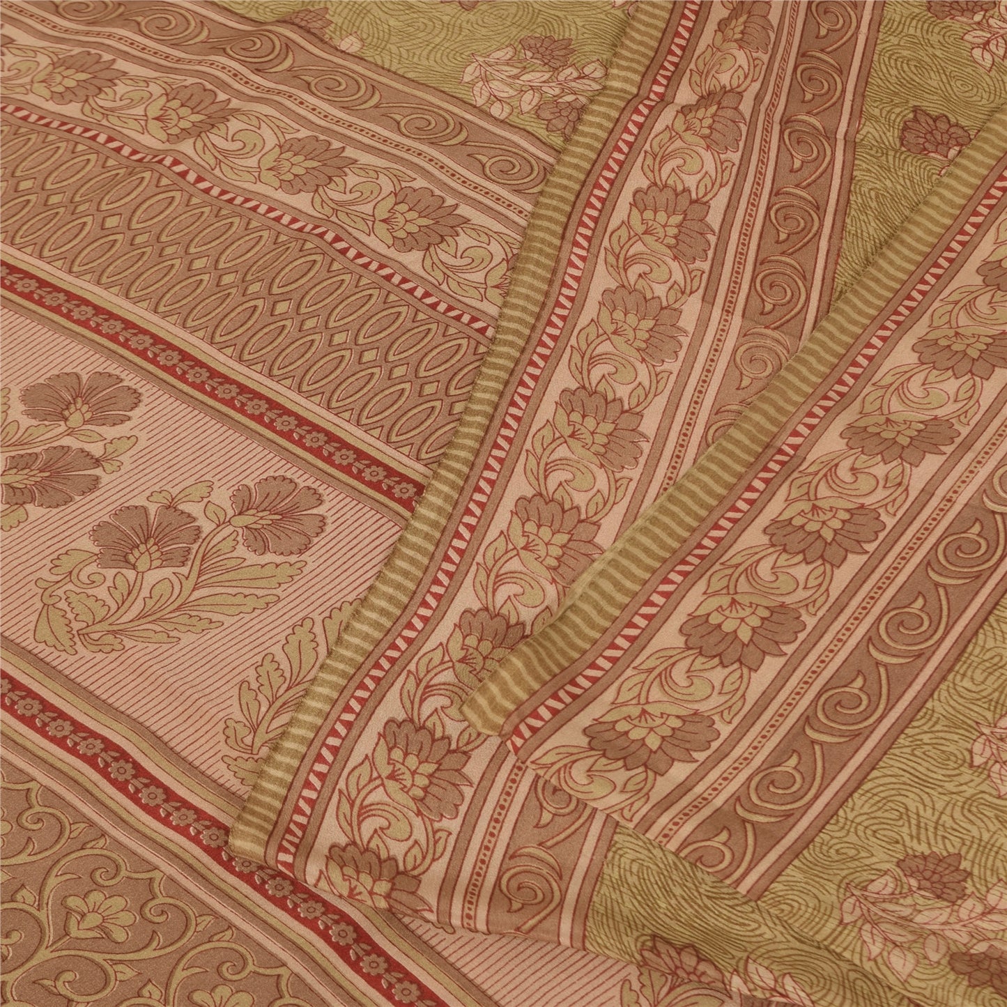 Sanskriti Vintage Sarees Green Pure Crepe Silk Printed Sari 5+yd Craft Fabric