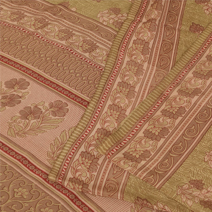 Sanskriti Vintage Sarees Green Pure Crepe Silk Printed Sari 5+yd Craft Fabric