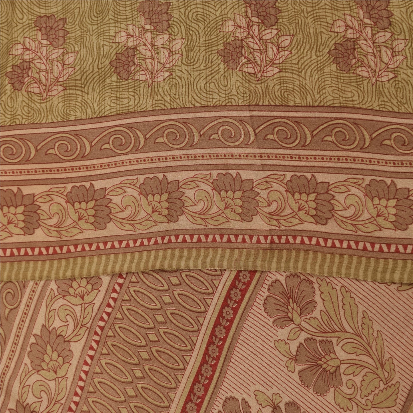 Sanskriti Vintage Sarees Green Pure Crepe Silk Printed Sari 5+yd Craft Fabric