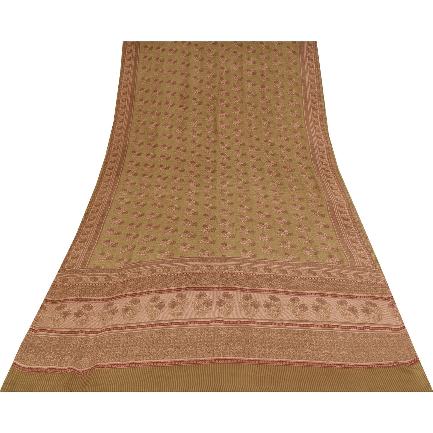 Sanskriti Vintage Sarees Green Pure Crepe Silk Printed Sari 5+yd Craft Fabric