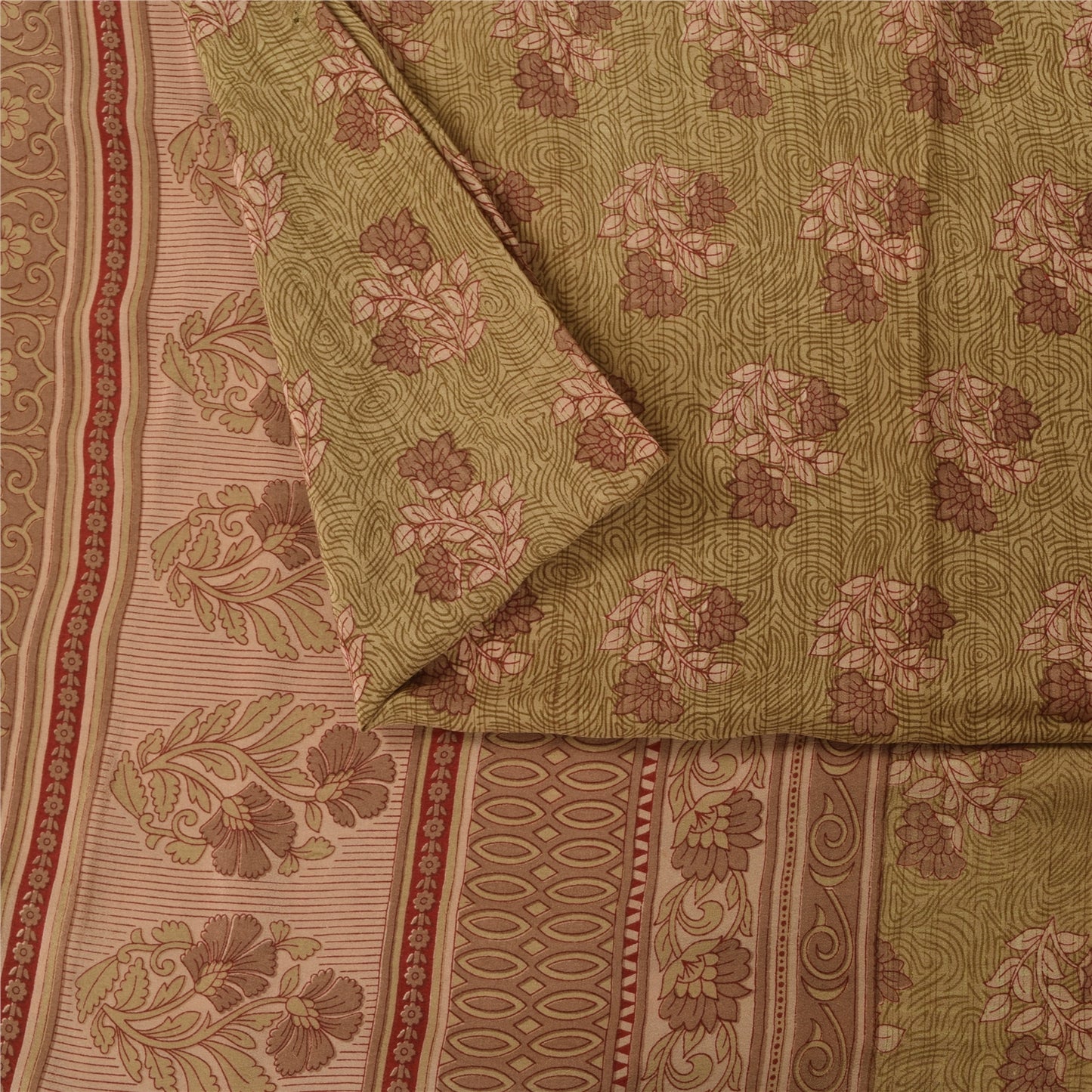 Sanskriti Vintage Sarees Green Pure Crepe Silk Printed Sari 5+yd Craft Fabric