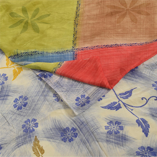 Sanskriti Vintage Sarees Multicolor Pure Crepe Silk Print Sari 5+yd Craft Fabric