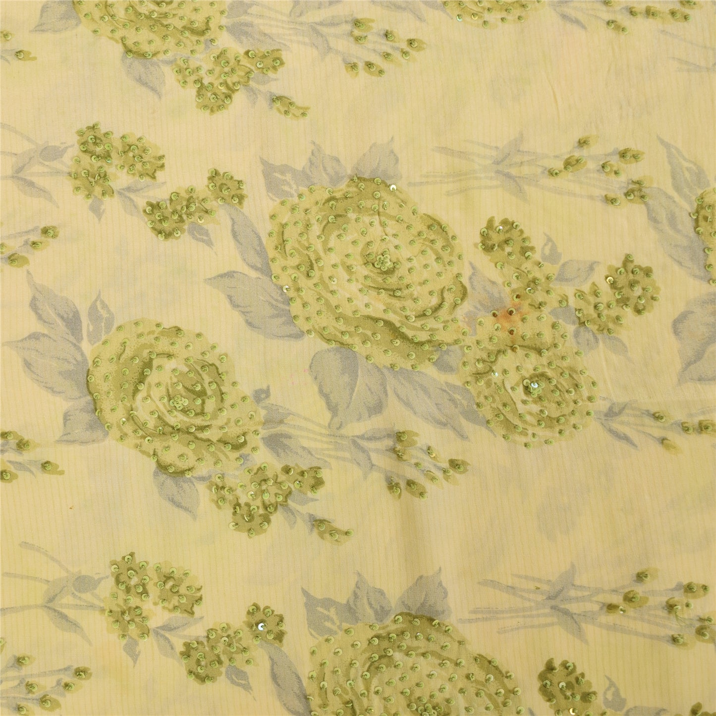 Sanskriti Vintage Sarees Cream Hand Beaded Pure Crepe Printed Sari 5+yd Fabric