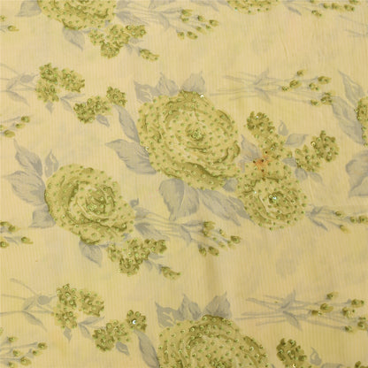 Sanskriti Vintage Sarees Cream Hand Beaded Pure Crepe Printed Sari 5+yd Fabric