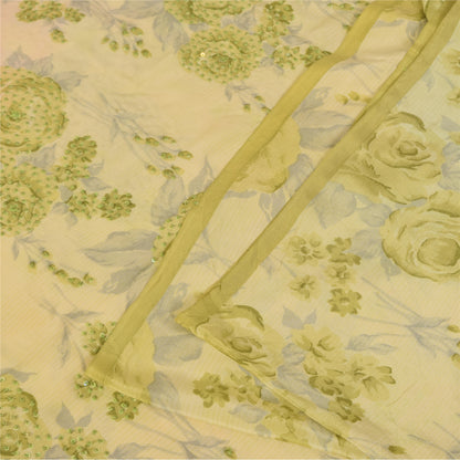 Sanskriti Vintage Sarees Cream Hand Beaded Pure Crepe Printed Sari 5+yd Fabric