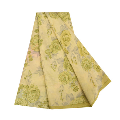 Sanskriti Vintage Sarees Cream Hand Beaded Pure Crepe Printed Sari 5+yd Fabric
