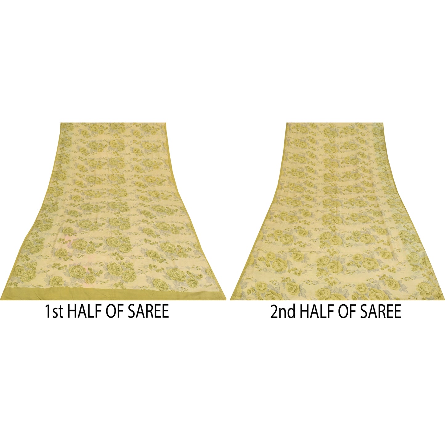 Sanskriti Vintage Sarees Cream Hand Beaded Pure Crepe Printed Sari 5+yd Fabric