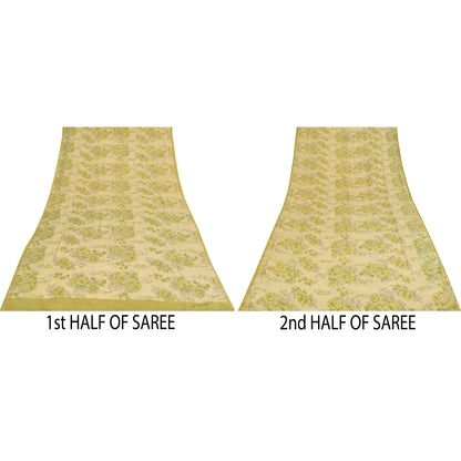 Sanskriti Vintage Sarees Cream Hand Beaded Pure Crepe Printed Sari 5+yd Fabric