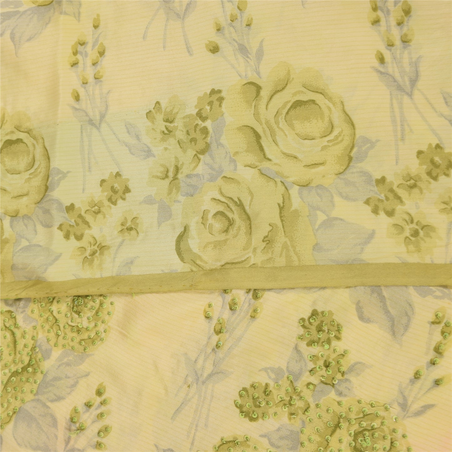 Sanskriti Vintage Sarees Cream Hand Beaded Pure Crepe Printed Sari 5+yd Fabric