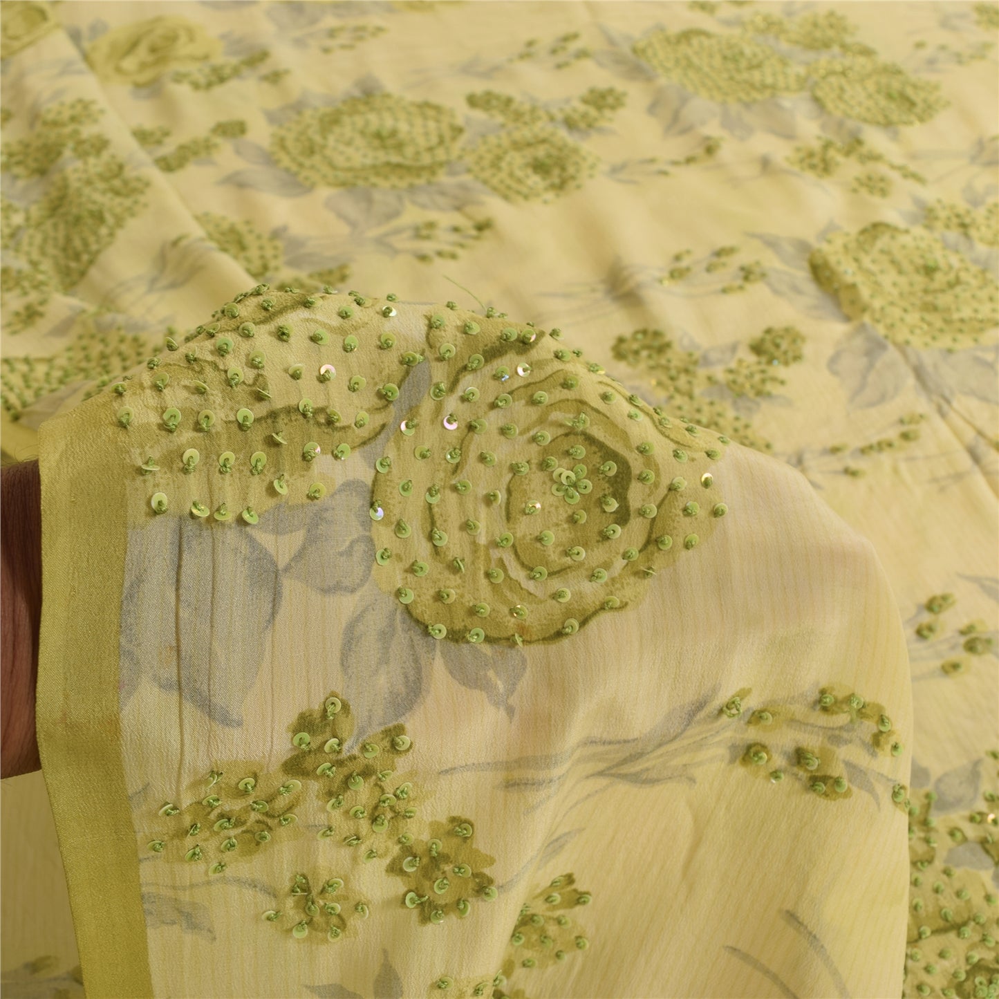 Sanskriti Vintage Sarees Cream Hand Beaded Pure Crepe Printed Sari 5+yd Fabric