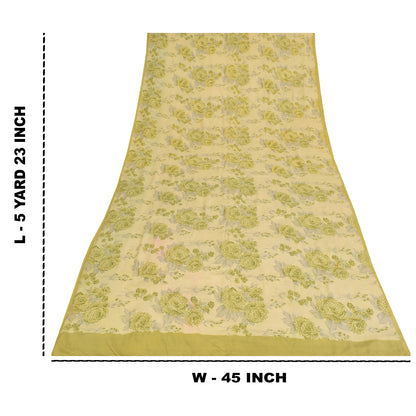 Sanskriti Vintage Sarees Cream Hand Beaded Pure Crepe Printed Sari 5+yd Fabric
