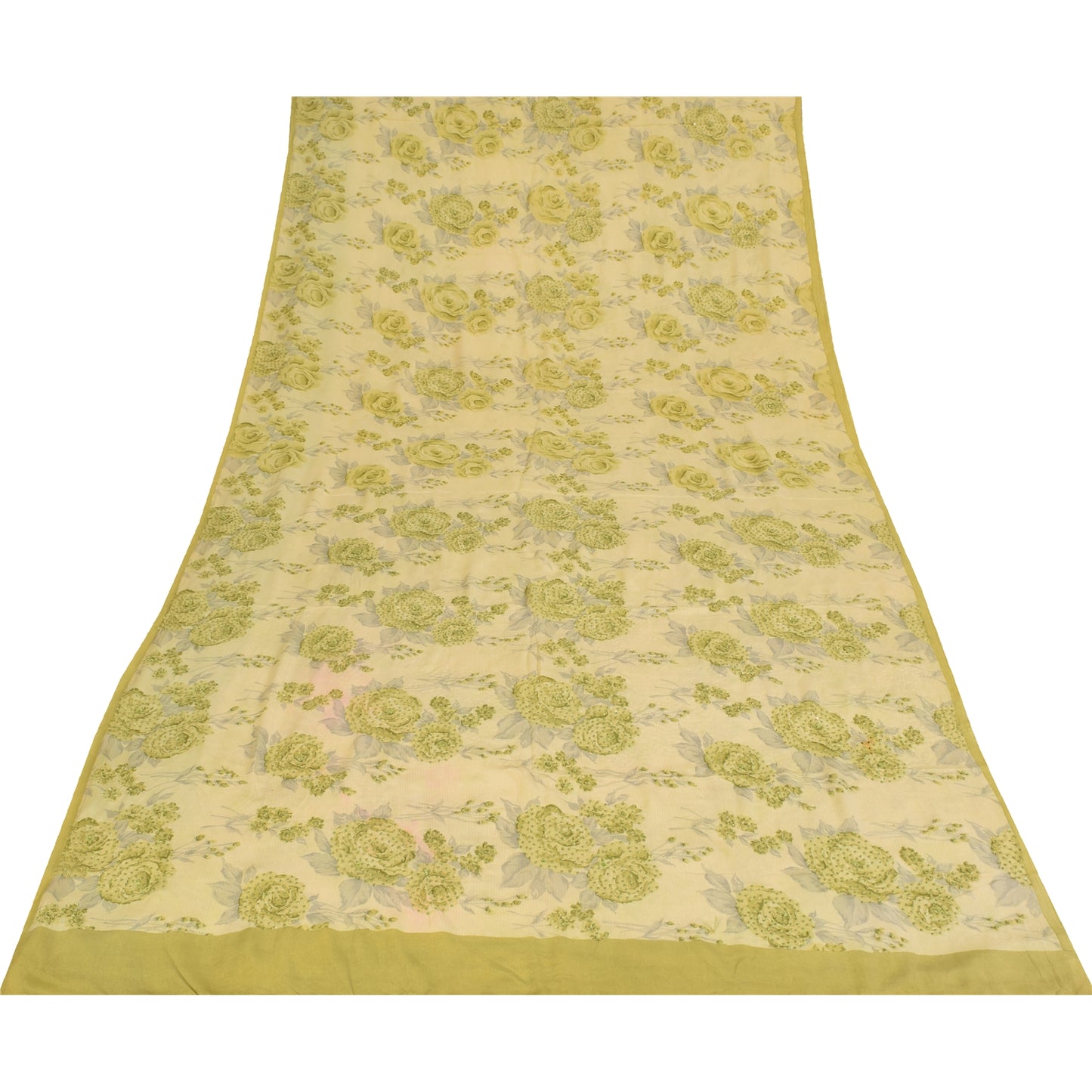 Sanskriti Vintage Sarees Cream Hand Beaded Pure Crepe Printed Sari 5+yd Fabric