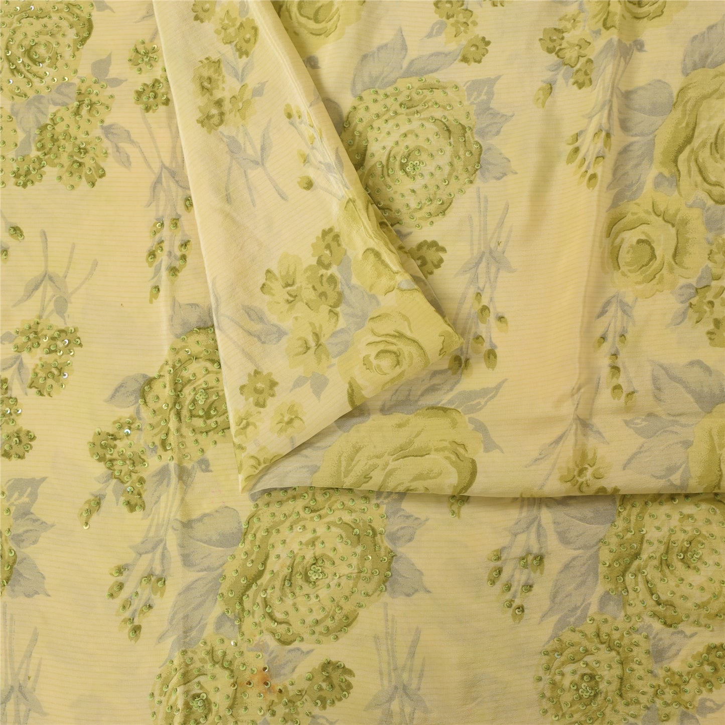 Sanskriti Vintage Sarees Cream Hand Beaded Pure Crepe Printed Sari 5+yd Fabric