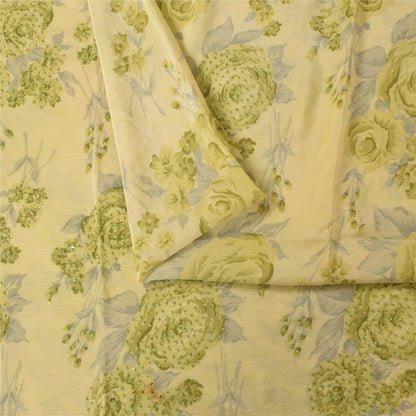 Sanskriti Vintage Sarees Cream Hand Beaded Pure Crepe Printed Sari 5+yd Fabric