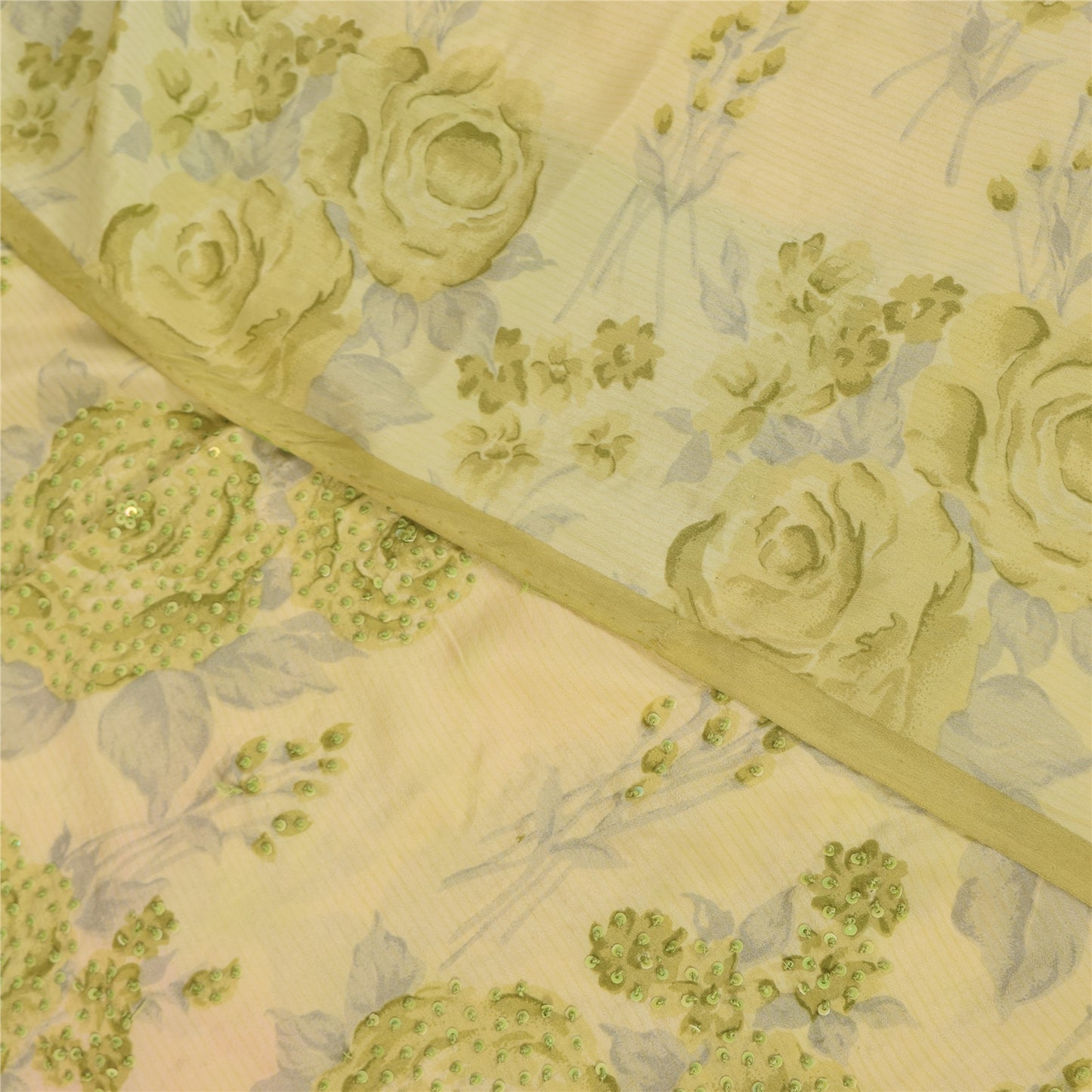 Sanskriti Vintage Sarees Cream Hand Beaded Pure Crepe Printed Sari 5+yd Fabric