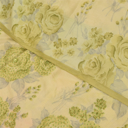 Sanskriti Vintage Sarees Cream Hand Beaded Pure Crepe Printed Sari 5+yd Fabric