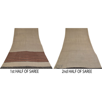 Sanskriti Vintage Sarier Elfenben Ren Crepe Silke Trykt Sari 5+ yard Håndværksstof