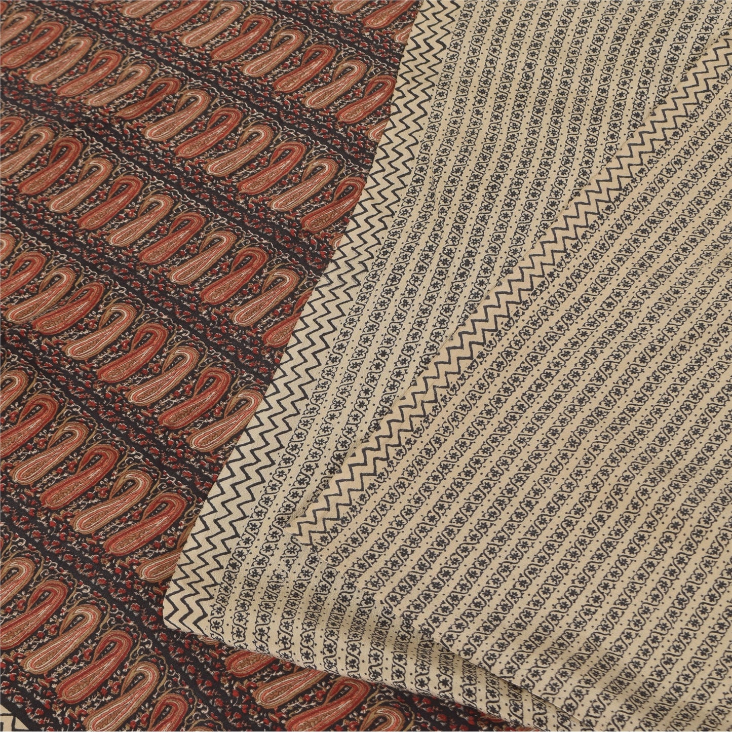 Sanskriti Vintage Sarier Elfenben Ren Crepe Silke Trykt Sari 5+ yard Håndværksstof