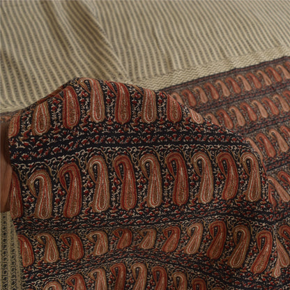 Sanskriti Vintage Sarier Elfenben Ren Crepe Silke Trykt Sari 5+ yard Håndværksstof