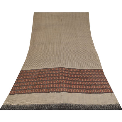 Sanskriti Vintage Sarier Elfenben Ren Crepe Silke Trykt Sari 5+ yard Håndværksstof