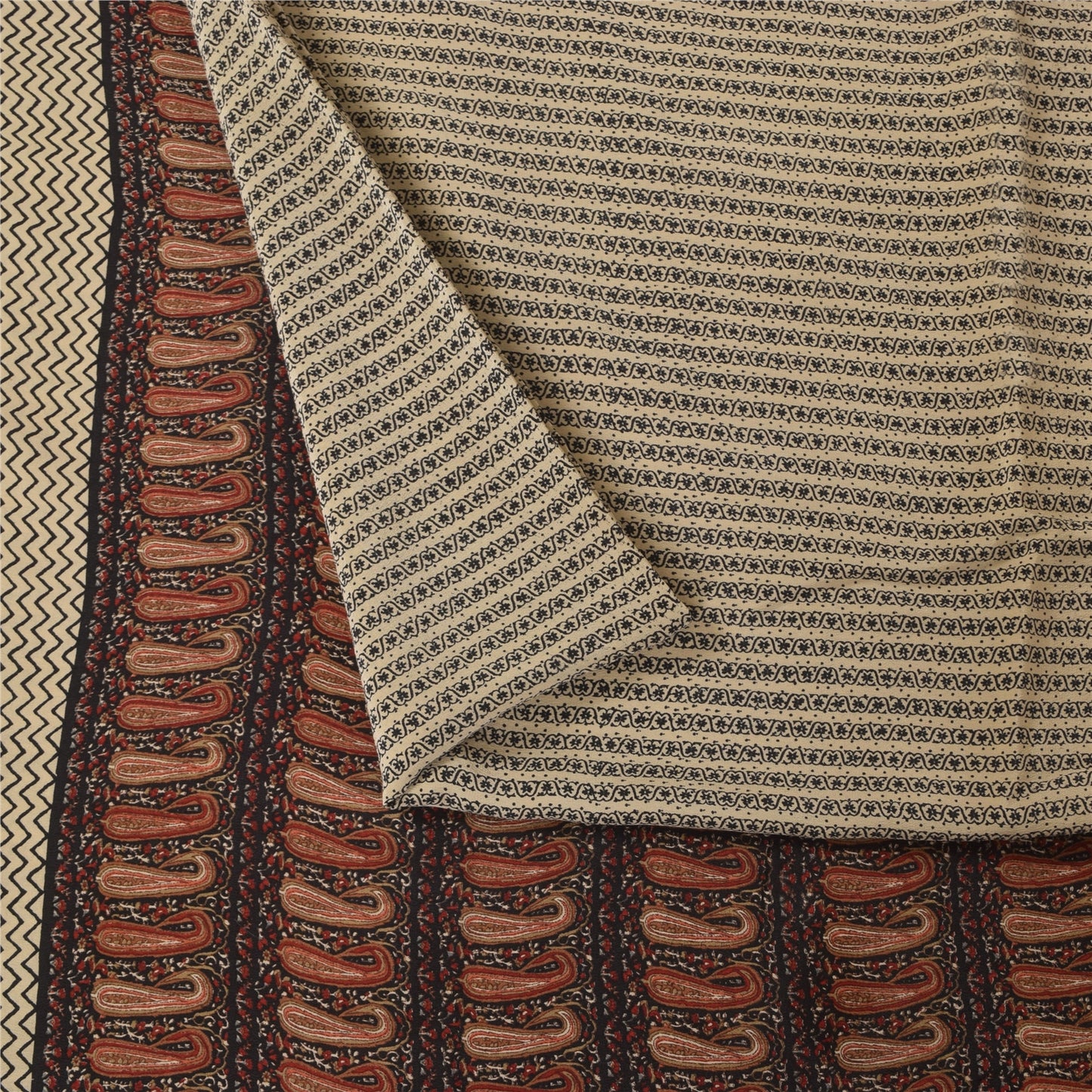 Sanskriti Vintage Sarier Elfenben Ren Crepe Silke Trykt Sari 5+ yard Håndværksstof