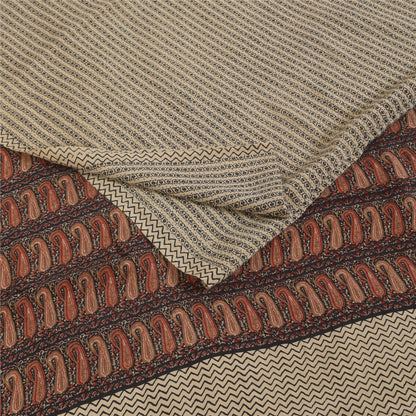 Sanskriti Vintage Sarier Elfenben Ren Crepe Silke Trykt Sari 5+ yard Håndværksstof