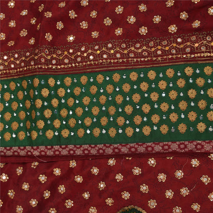 Sanskriti Vintage Sarees Red Hand Beaded Pure Crepe Print Sari 5+yd Craft Fabric