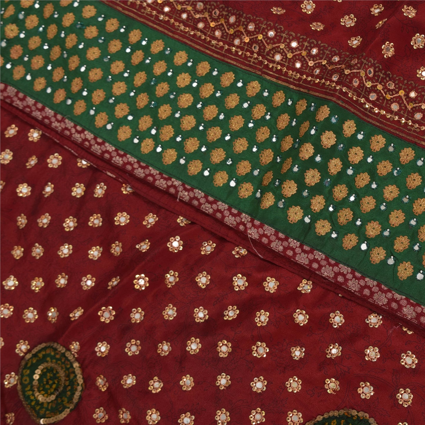 Sanskriti Vintage Sarees Red Hand Beaded Pure Crepe Print Sari 5+yd Craft Fabric