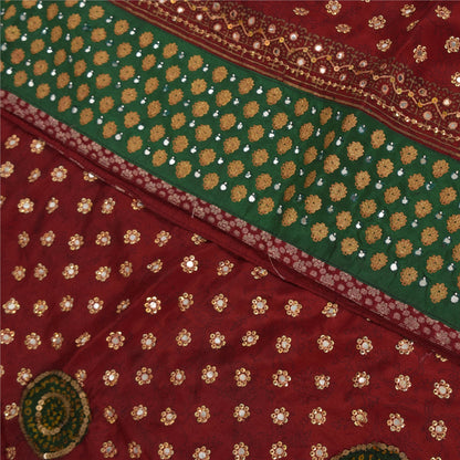 Sanskriti Vintage Sarees Red Hand Beaded Pure Crepe Print Sari 5+yd Craft Fabric