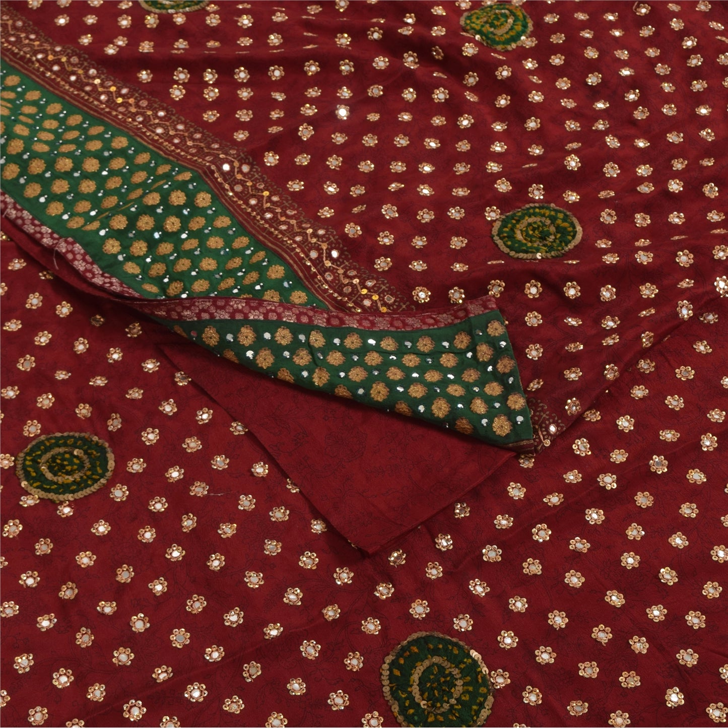 Sanskriti Vintage Sarees Red Hand Beaded Pure Crepe Print Sari 5+yd Craft Fabric