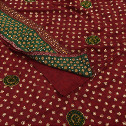 Sanskriti Vintage Sarees Red Hand Beaded Pure Crepe Print Sari 5+yd Craft Fabric