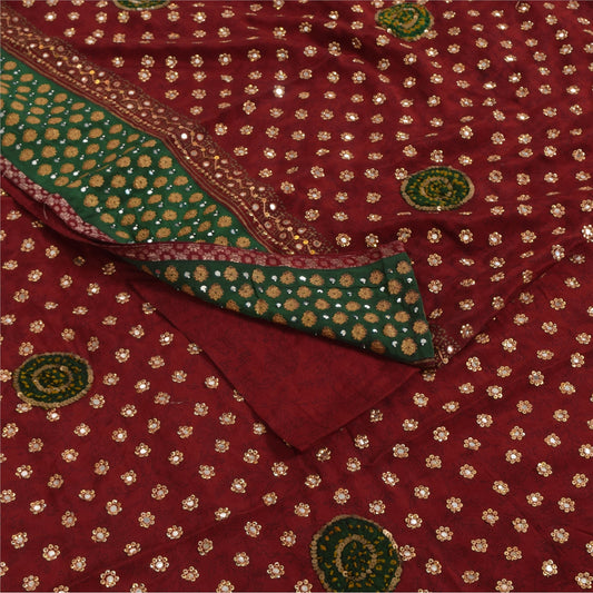 Sanskriti Vintage Sarees Red Hand Beaded Pure Crepe Print Sari 5+yd Craft Fabric