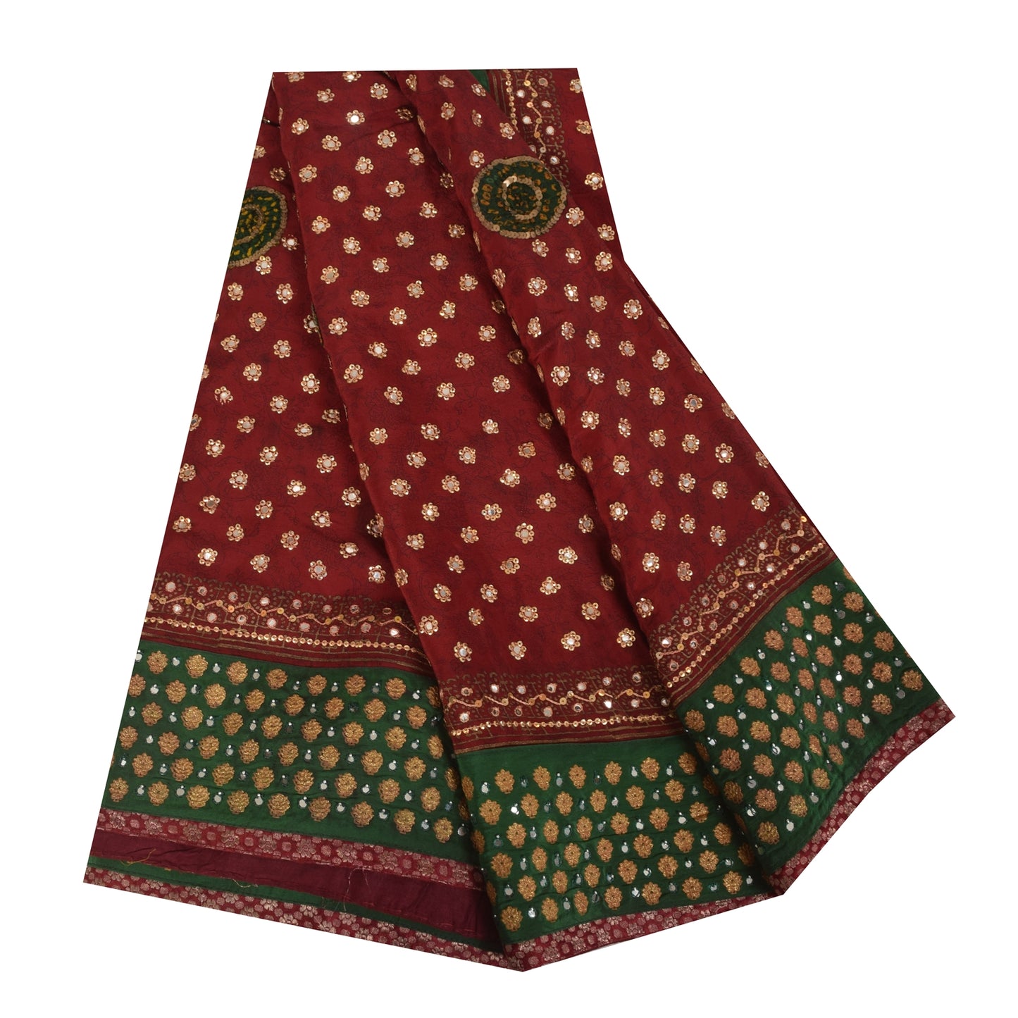 Sanskriti Vintage Sarees Red Hand Beaded Pure Crepe Print Sari 5+yd Craft Fabric