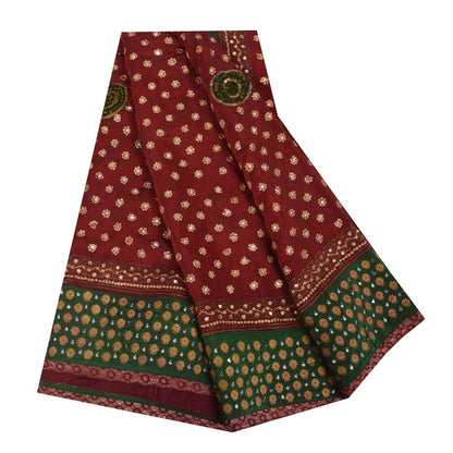 Sanskriti Vintage Sarees Red Hand Beaded Pure Crepe Print Sari 5+yd Craft Fabric