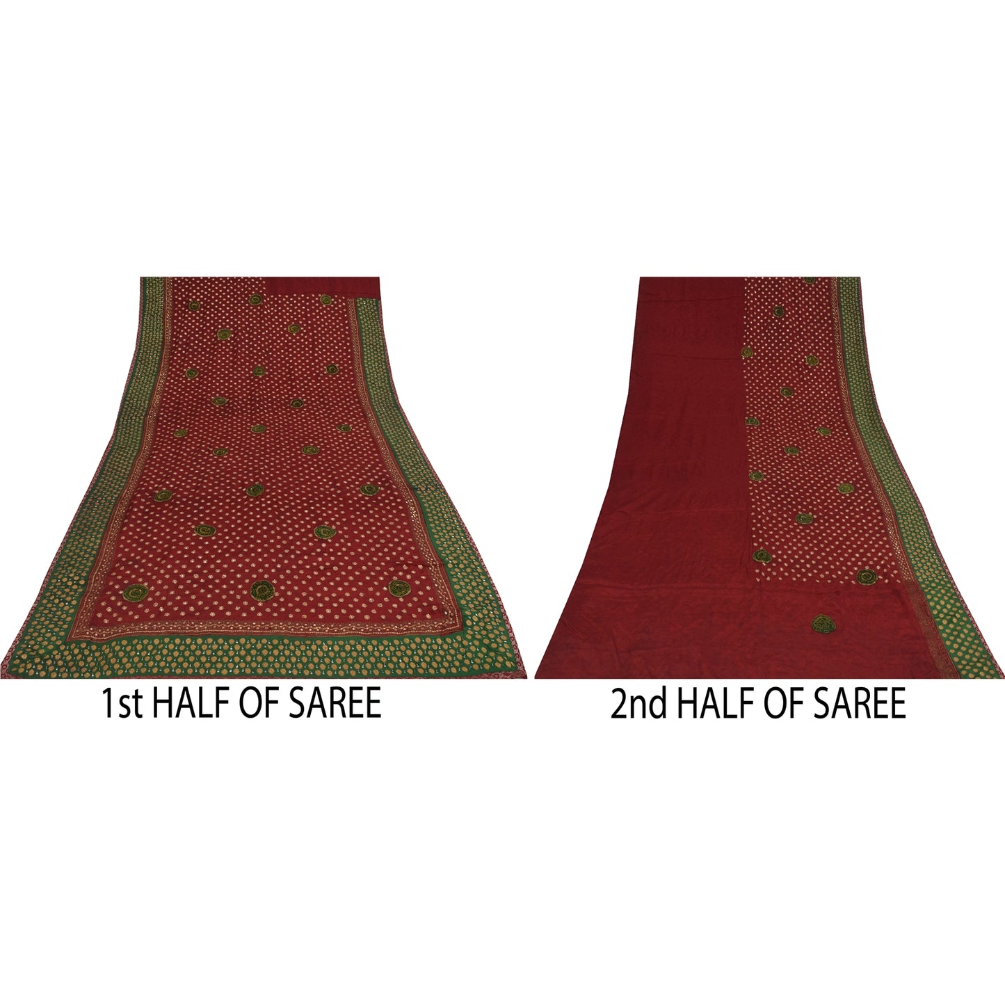 Sanskriti Vintage Sarees Red Hand Beaded Pure Crepe Print Sari 5+yd Craft Fabric