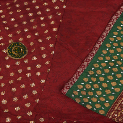 Sanskriti Vintage Sarees Red Hand Beaded Pure Crepe Print Sari 5+yd Craft Fabric