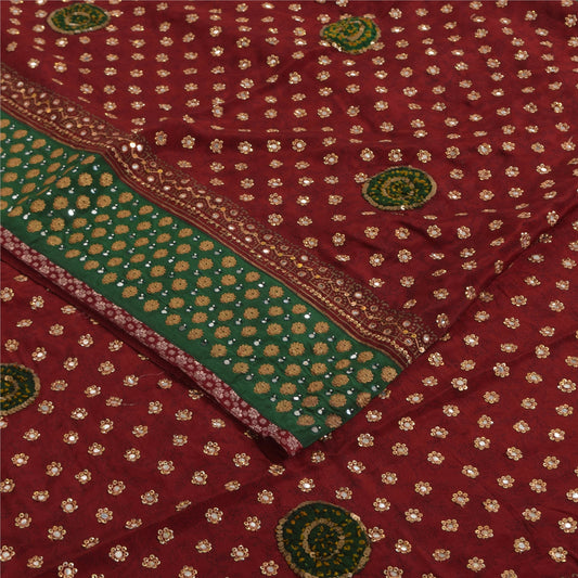 Sanskriti Vintage Sarees Red Hand Beaded Pure Crepe Print Sari 5+yd Craft Fabric