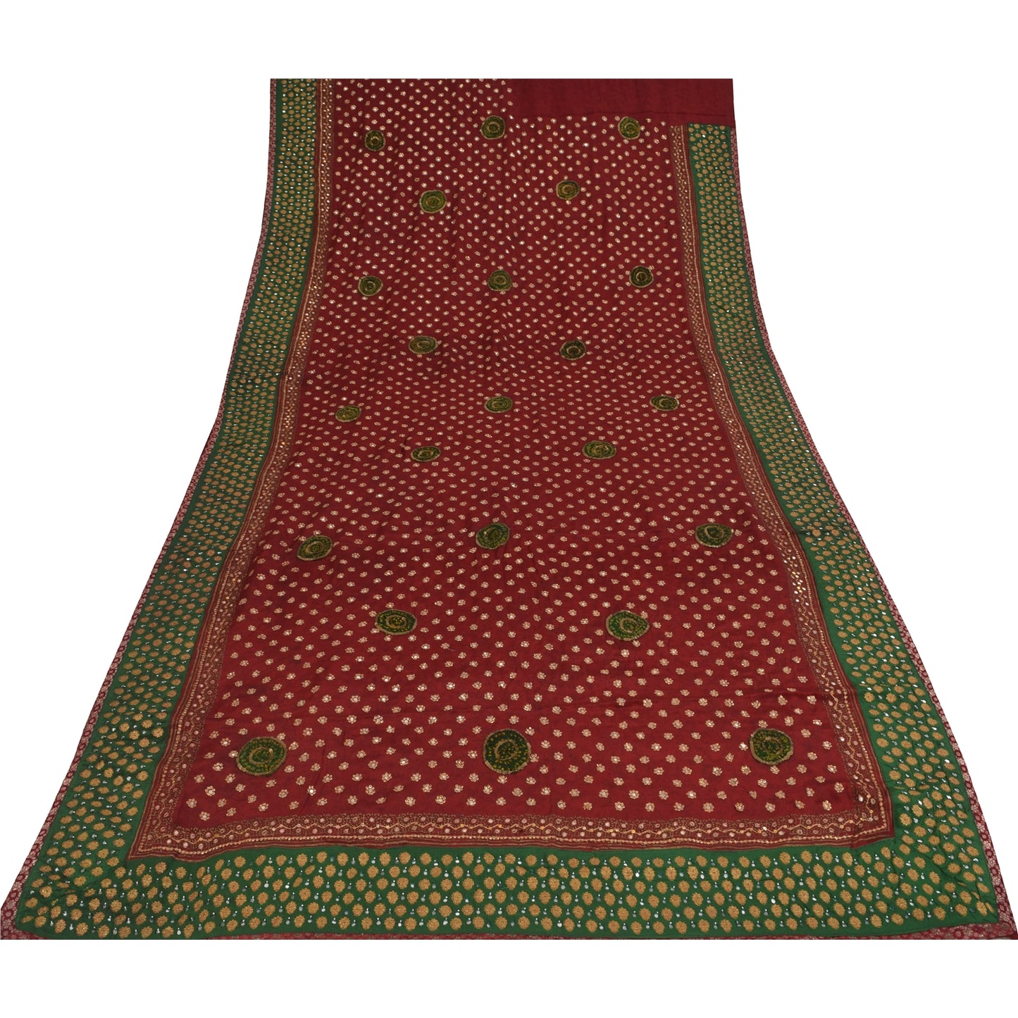 Sanskriti Vintage Sarees Red Hand Beaded Pure Crepe Print Sari 5+yd Craft Fabric