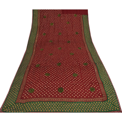 Sanskriti Vintage Sarees Red Hand Beaded Pure Crepe Print Sari 5+yd Craft Fabric