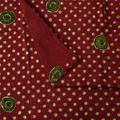 Sanskriti Vintage Sarees Red Hand Beaded Pure Crepe Print Sari 5+yd Craft Fabric