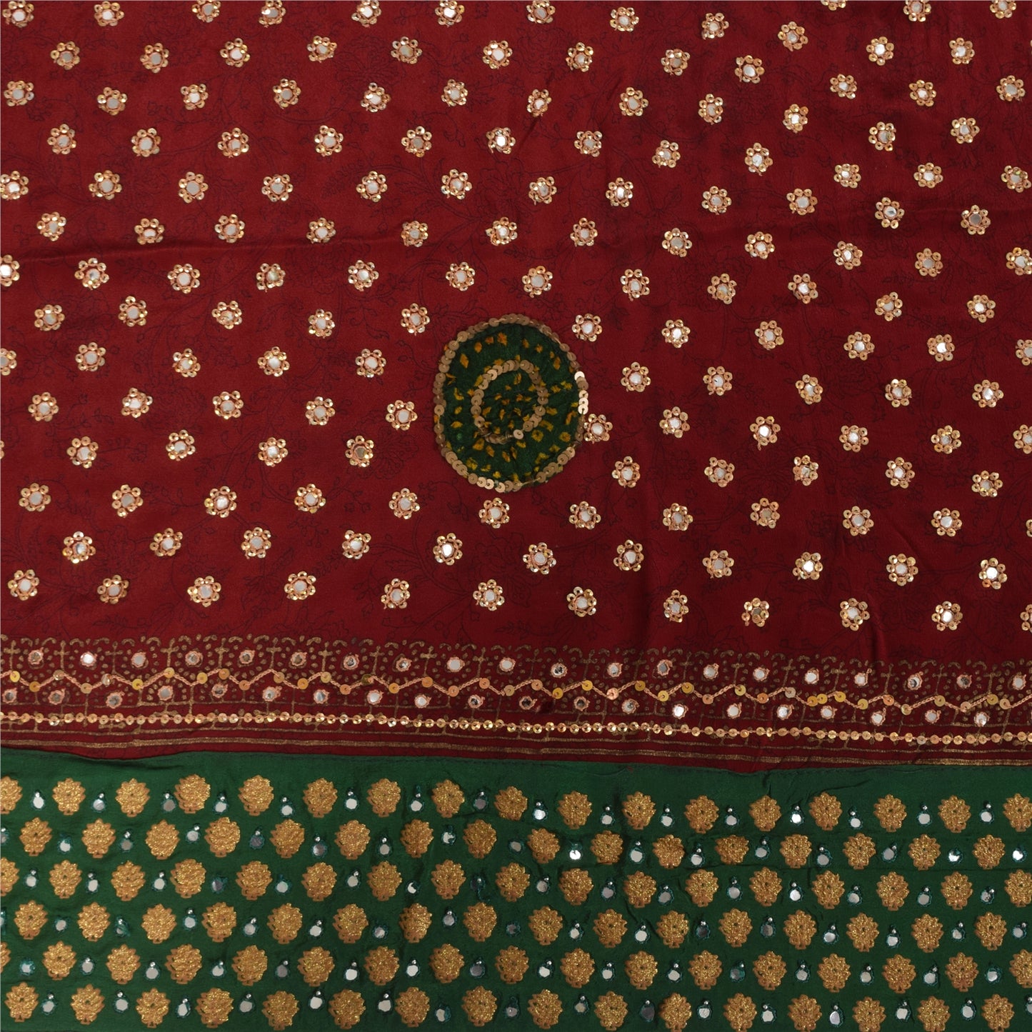 Sanskriti Vintage Sarees Red Hand Beaded Pure Crepe Print Sari 5+yd Craft Fabric