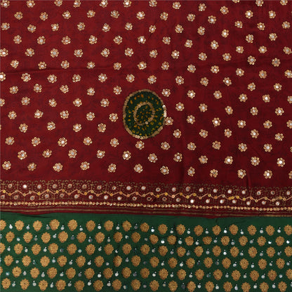 Sanskriti Vintage Sarees Red Hand Beaded Pure Crepe Print Sari 5+yd Craft Fabric