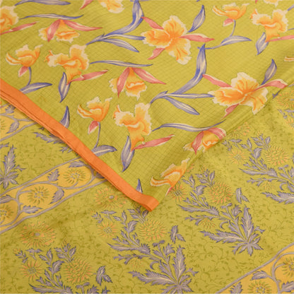 Sanskriti Vintage Sarees Green Pure Crepe Silk Printed Sari 5+yd Craft Fabric