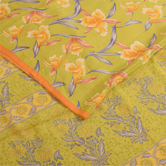 Sanskriti Vintage Sarees Green Pure Crepe Silk Printed Sari 5+yd Craft Fabric